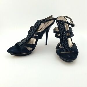 BCBG MAXAZRIA Women's Black Satin Sydney Jewel Sexy Heel Sz 7.5 Formal Bling